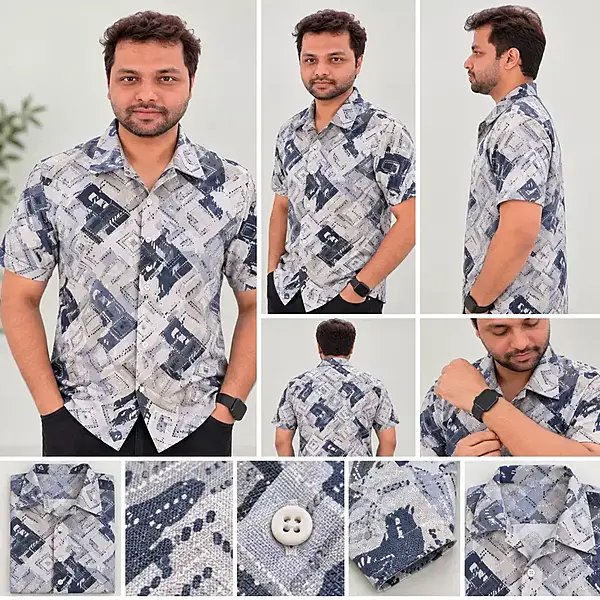 Light Blue Navy Abstract Geometric Half Sleeve Cotton Shirt 7353