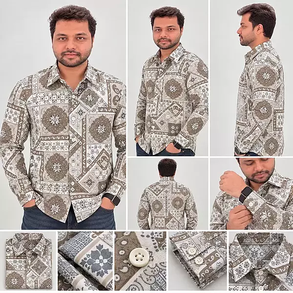 Brown White Patchwork Floral Geometric Print Full Sleeve Cotton Shirt 4836