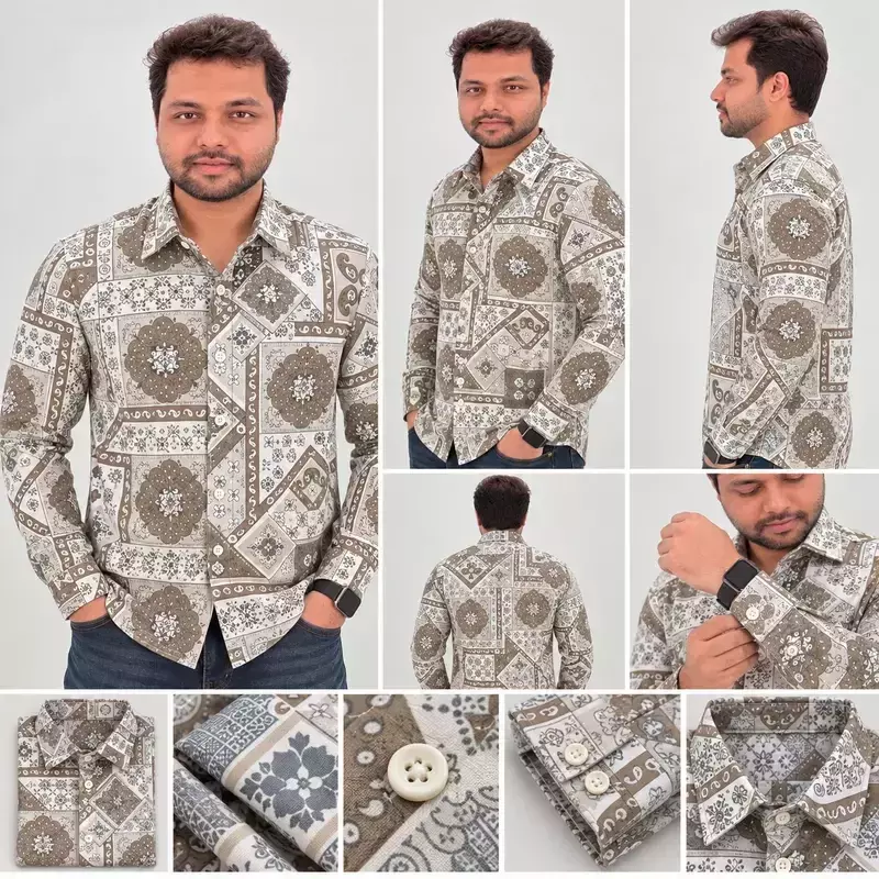 Brown White Patchwork Floral Geometric Print Full Sleeve Cotton Shirt 4836