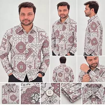 Maroon White Patchwork Floral Geometric Print Full Sleeve Cotton Shirt 4832