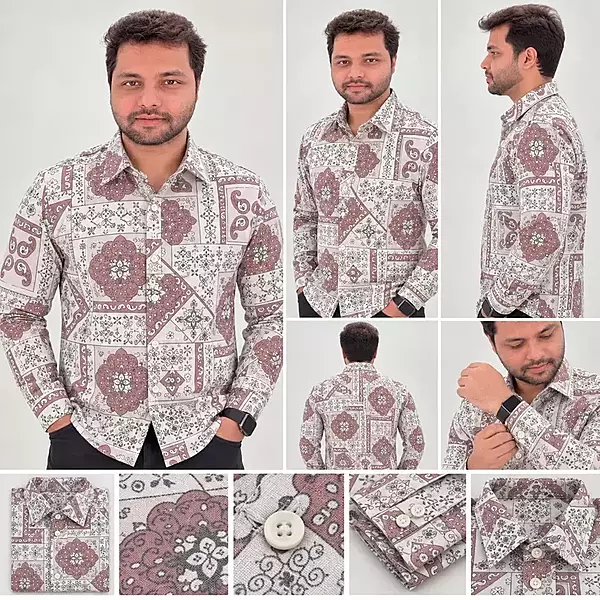 Maroon White Patchwork Floral Geometric Print Full Sleeve Cotton Shirt 4832