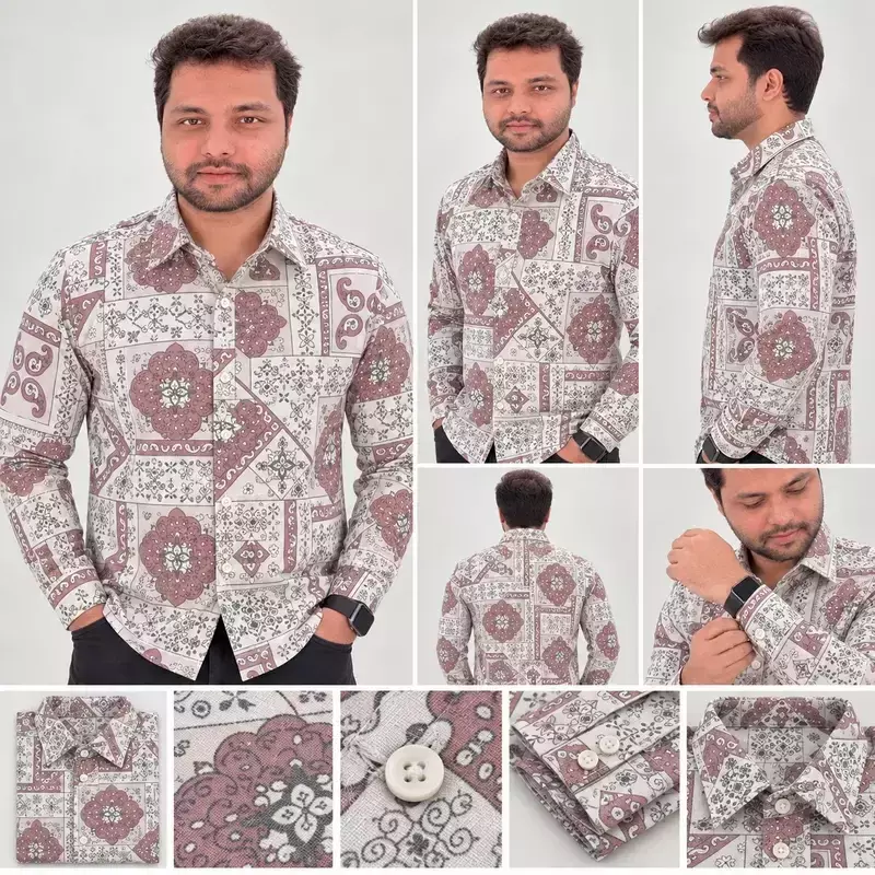 Maroon White Patchwork Floral Geometric Print Full Sleeve Cotton Shirt 4832