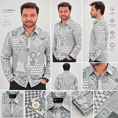 Green White Patchwork Geometric Print Full Sleeve Cotton Shirt