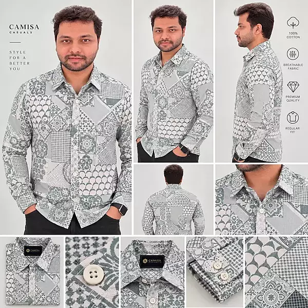 Green White Patchwork Geometric Print Full Sleeve Cotton Shirt