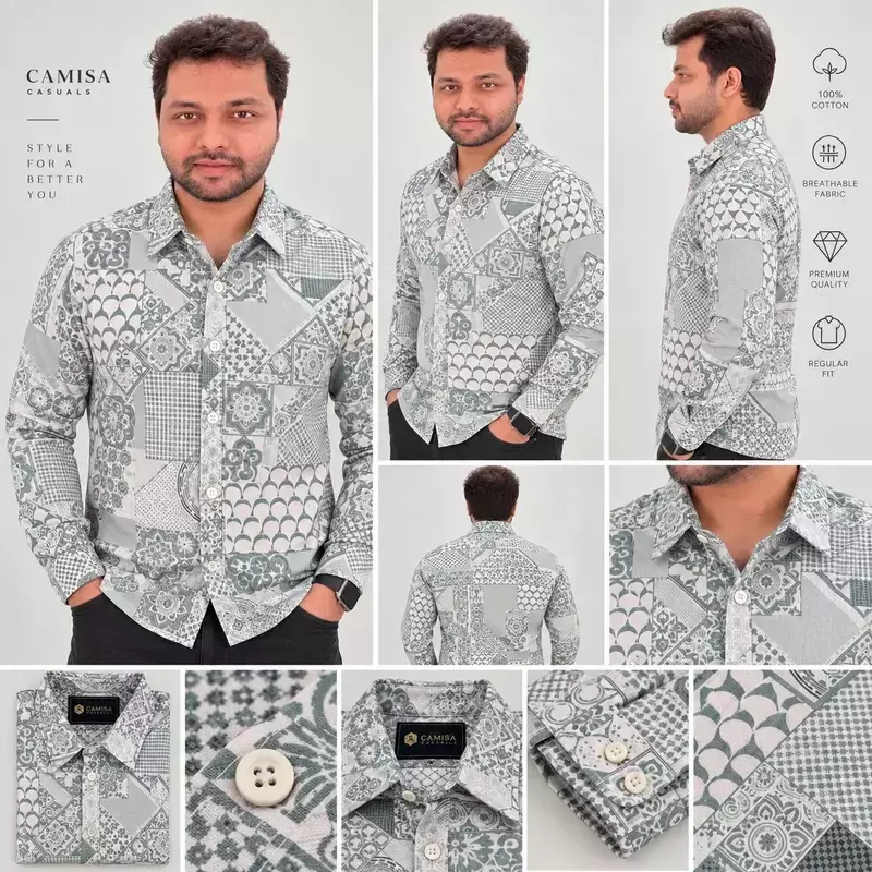 Green White Patchwork Geometric Print Full Sleeve Cotton Shirt