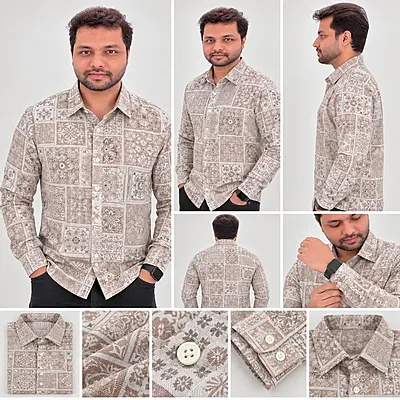 Beige Taupe Patchwork Floral Geometric Print Full Sleeve Cotton Shirt 4839