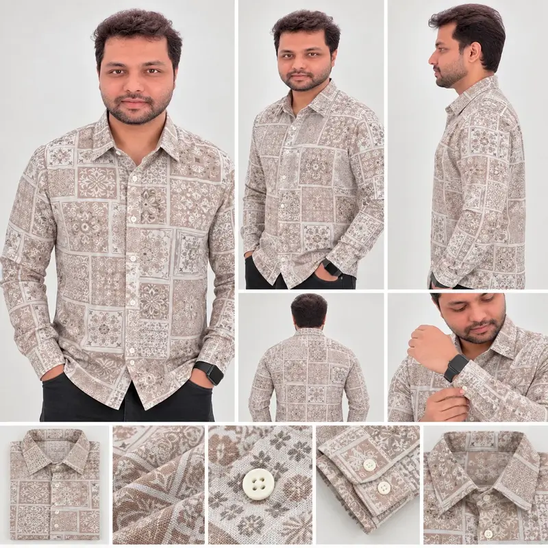 Beige Taupe Patchwork Floral Geometric Print Full Sleeve Cotton Shirt 4839
