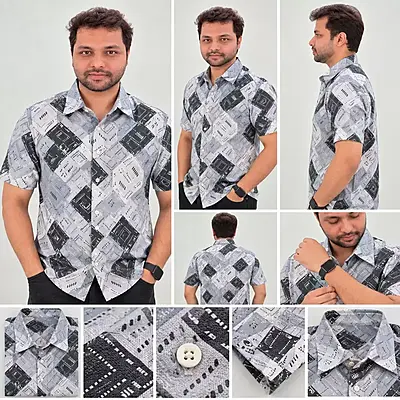 Light Blue Black Geometric Patchwork Half Sleeve Cotton Shirt 7352