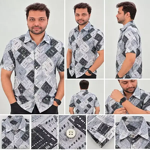 Light Blue Black Geometric Patchwork Half Sleeve Cotton Shirt 7352