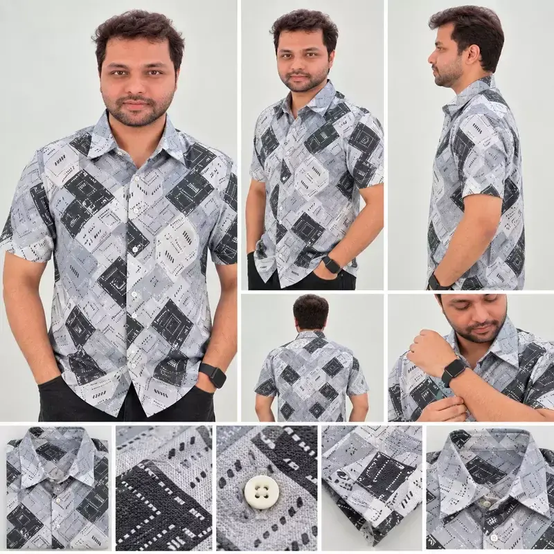 Light Blue Black Geometric Patchwork Half Sleeve Cotton Shirt 7352