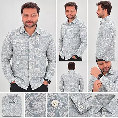 Light Blue White Ornamental Medallion Print Full Sleeve Cotton Shirt 4828