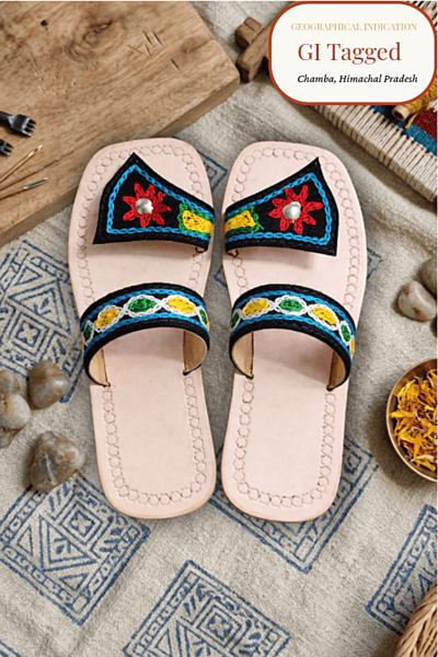 Chamba Origins - GI Tagged Authentic Embroidered Slide Women's Hand-Embroidered Leather Chappal