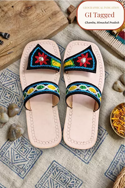 Chamba Origins - GI Tagged Authentic Embroidered Slide Women's Hand-Embroidered Leather Chappal