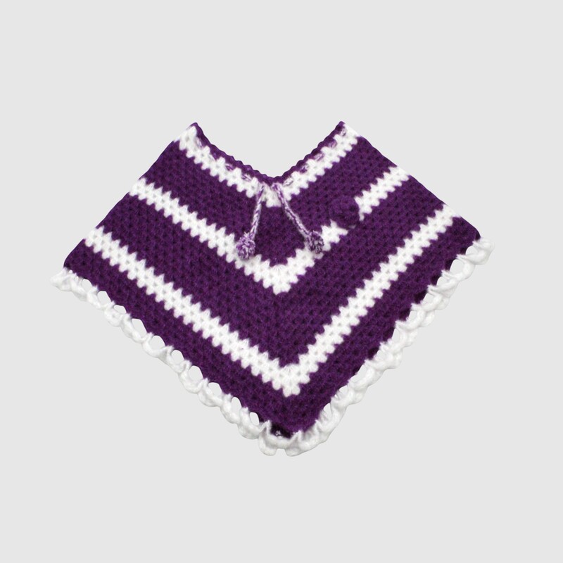 (4-5 Years) Handknitted Kids Poncho, Purple and White