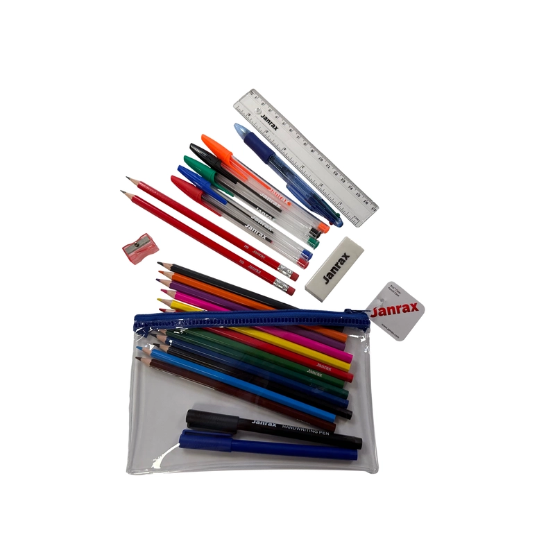 Stationery Filled Blue Zip 8x5"" Pencil Case with Colouring Pencils