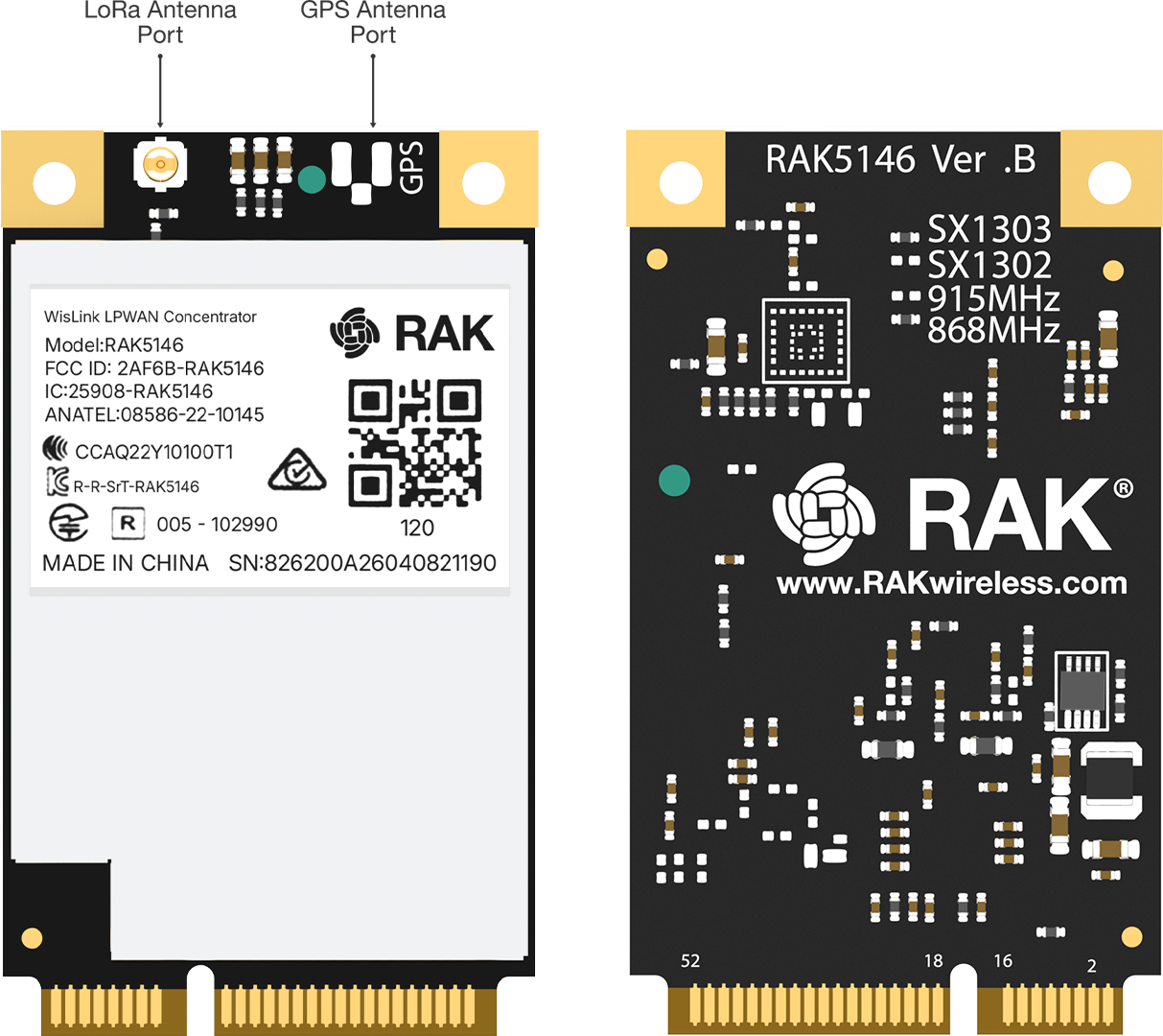 RAK5146 Gateway Concentrator Module for LoRaWAN, SX1303 LoRa Core (SPI or USB, GPS, LBT)