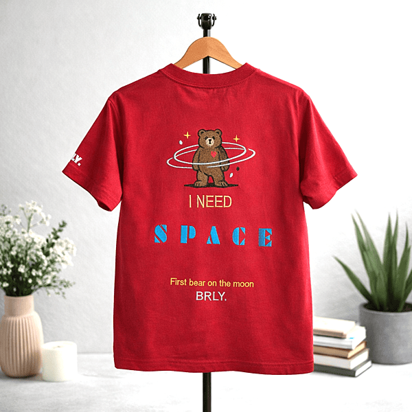 Unisex Red I Need Space Embroidered Crew Neck Tee