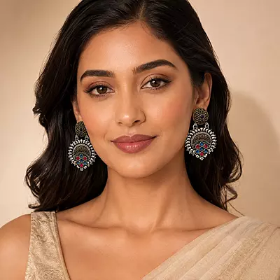 Ruhani Multicolour Stone Oxidised Medallion Earrings