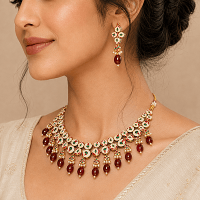 Kundan Varnika Meenakari Wine Bead Necklace Set