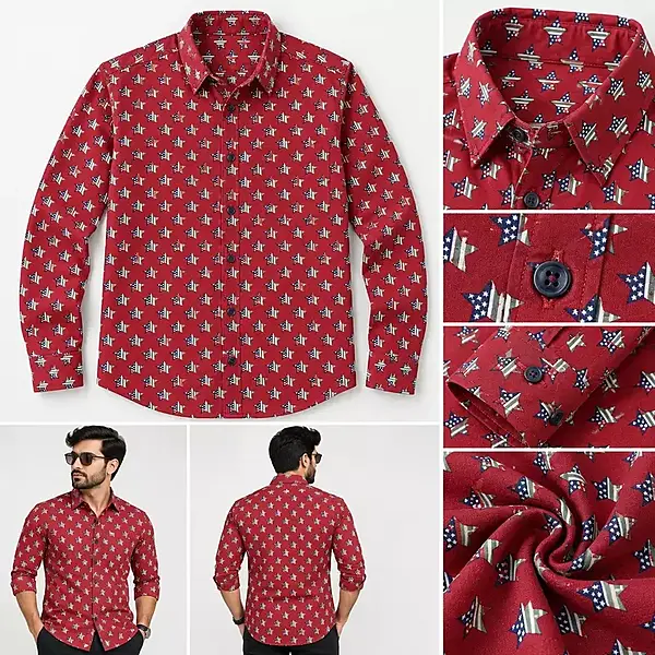 Men’s Maroon Star Print Full Sleeve Casual Shirt
