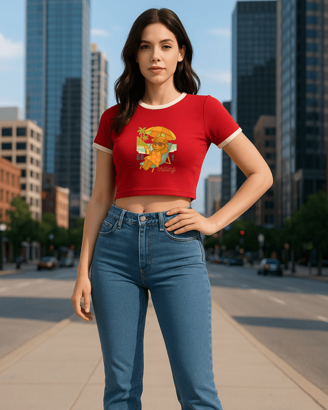 Women's Red Beach Bear Graphic Printed Crop Top