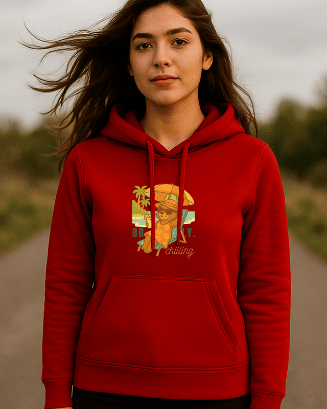 Unisex Red Front Beach Bear Graphic Printed All-Weather Hoodie