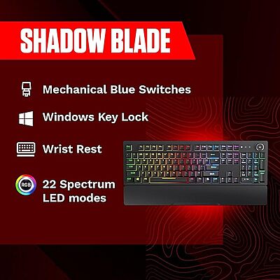 Redgear Shadow Blade Mechanical Keyboard with Drive Customization, Spectrum LED Lights, Media Control Knob and Wrist Support (mk853)