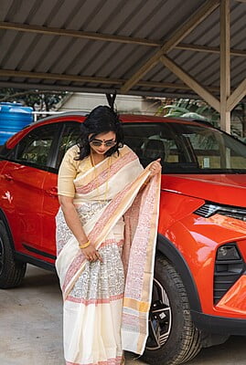 Ivory multicolor block cotton saree
