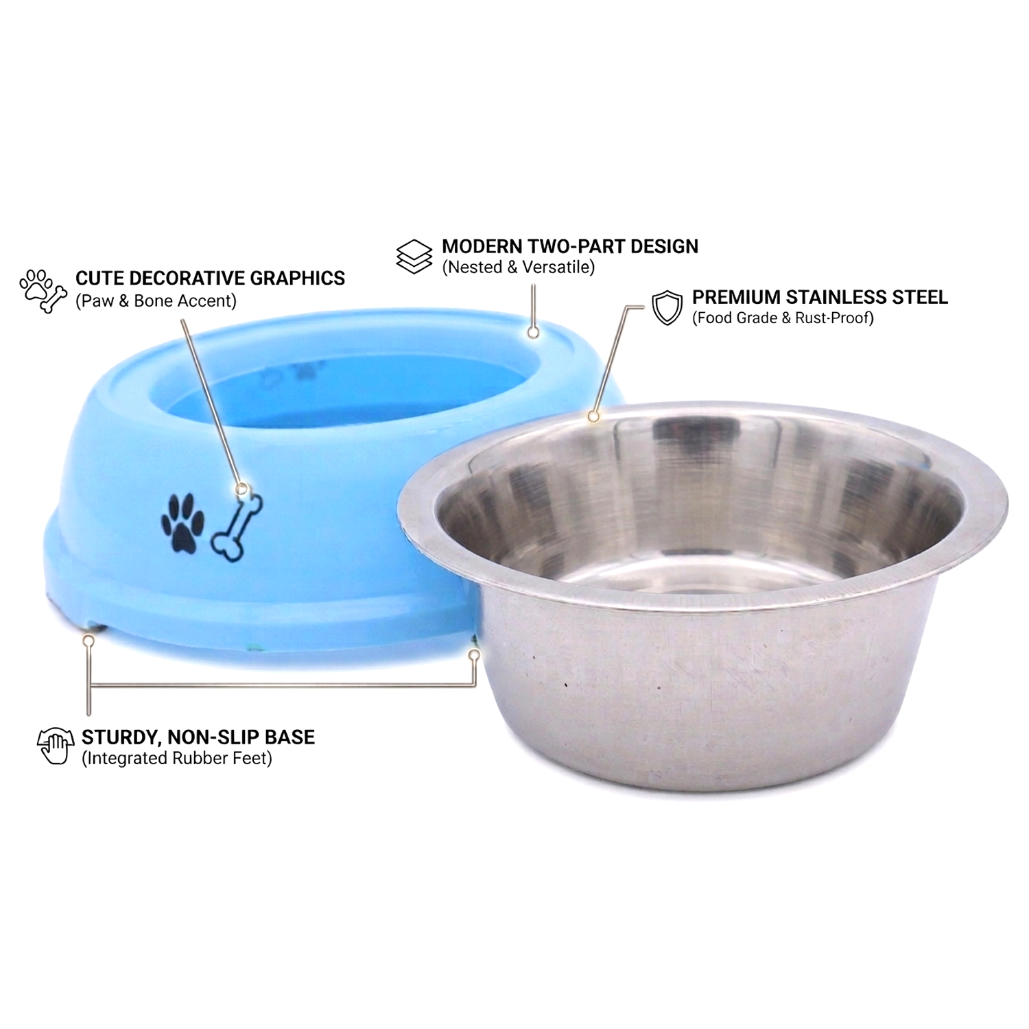 BWB 2-in-1 Detachable Stainless Steel Pet Bowl 850 ml– Anti-Skid Vibrant Blue Plastic Outer Shell with Paw Print Design- Large BWB 2-in-1 Detachable Stainless Steel Pet Bowl 850 ml– Anti-Skid Vibrant Blue Plastic Outer Shell with Paw Print Design- Large