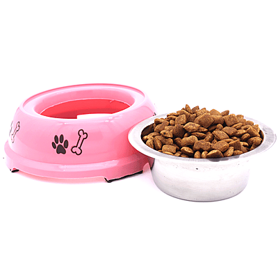 BWB 2-in-1 Detachable Stainless Steel Pet Bowl 350 ml– Anti-Skid Vibrant Pink Plastic Outer Shell with Paw Print Design- Medium