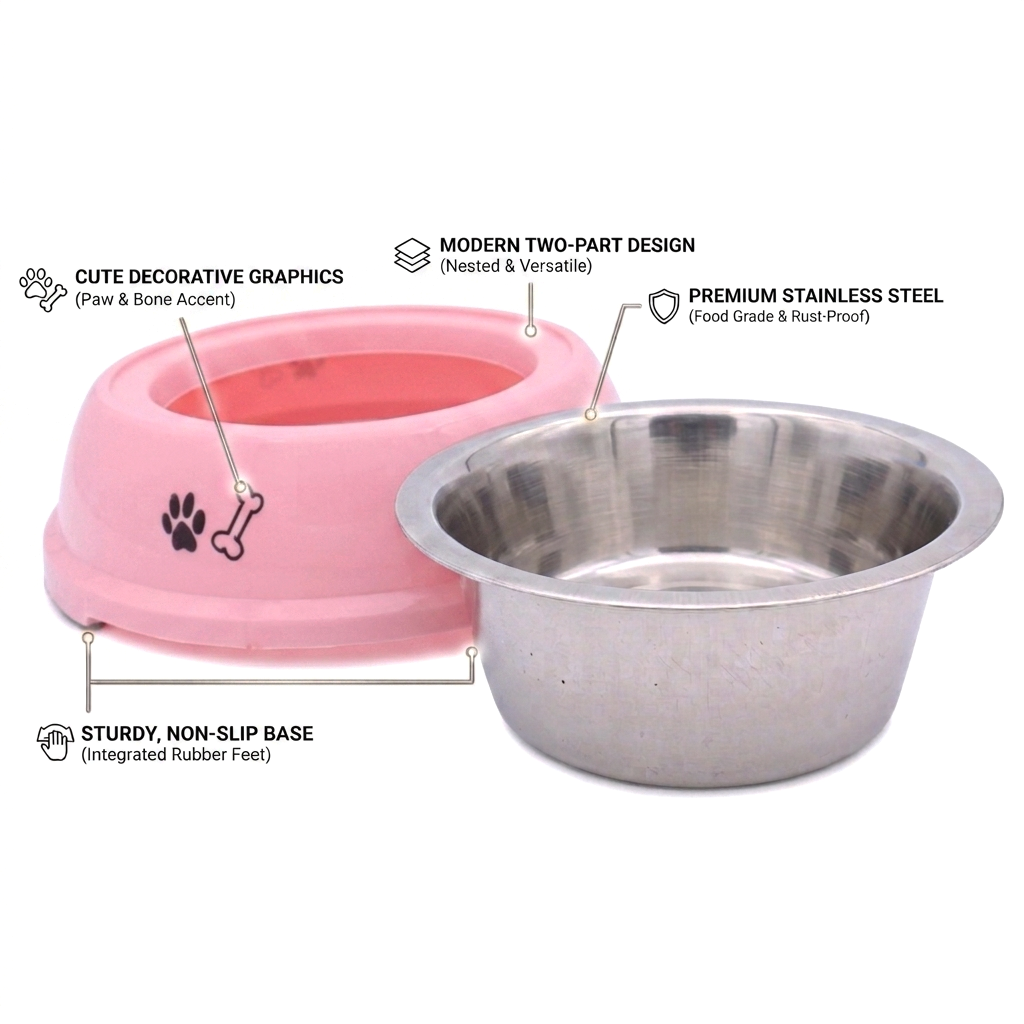BWB 2-in-1 Detachable Stainless Steel Pet Bowl 350 ml– Anti-Skid Vibrant Pink Plastic Outer Shell with Paw Print Design- Medium BWB 2-in-1 Detachable Stainless Steel Pet Bowl 350 ml– Anti-Skid Vibrant Pink Plastic Outer Shell with Paw Print Design- Medium