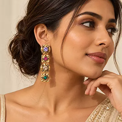 Aurexis Multicolour Antique Gold Geometric Drop Earrings
