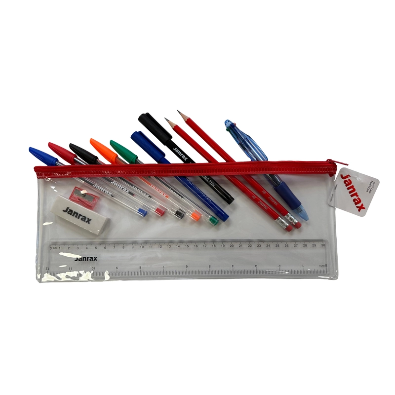 Stationery Filled Red Zip 13x5"" Pencil Case