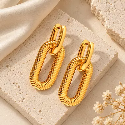 Orlina 18K Gold-Plated Ribbed Oval Drop Earrings
