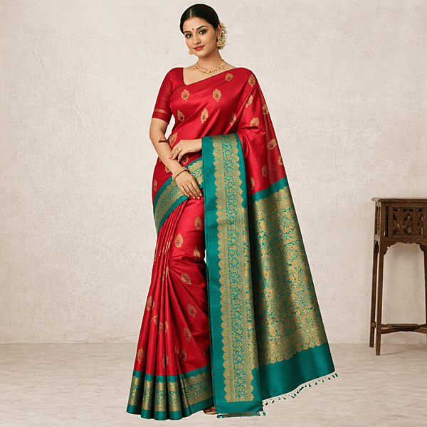 Pink Green Contrast Silk Saree