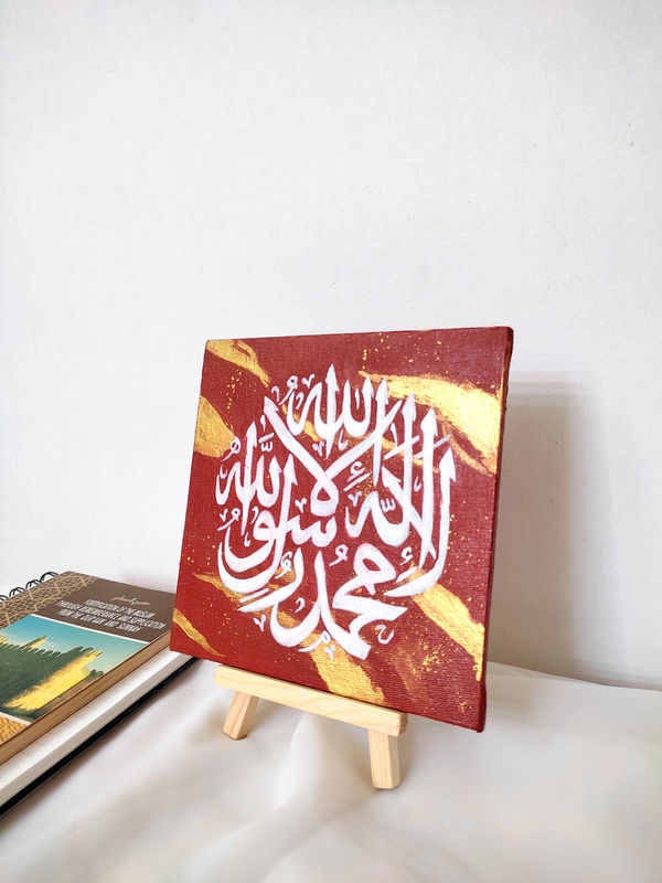 Hand-painted Kalima mini art canvas in red, gold, and white
