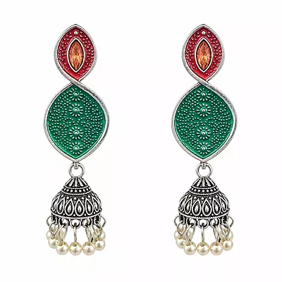 Madhavi Teal and Rose Enamel Oxidised Jhumka Earrings