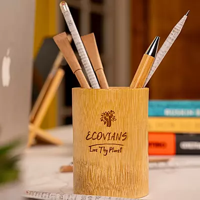 Close-up of premium handcrafted bamboo pen stand with natural finish Close-up of premium handcrafted bamboo pen stand with natural finish