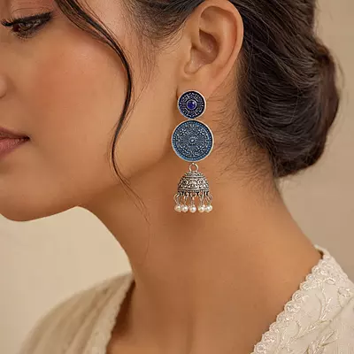 Neelambara Dual Blue Medallion Oxidised Jhumka Earrings