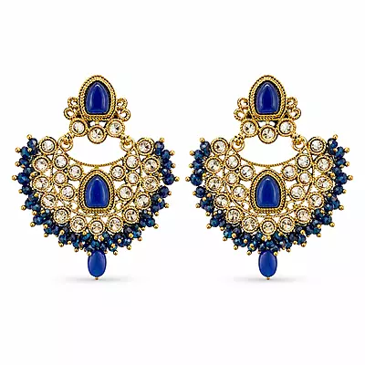 Nilarika Royal Blue Bead Gold-Tone Chandbali Earrings