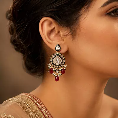 Kundan Nayra Mirror Ruby Pearl Earrings