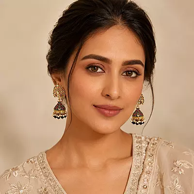 Mayura Ruby Black Enamel Peacock Jhumka Earrings