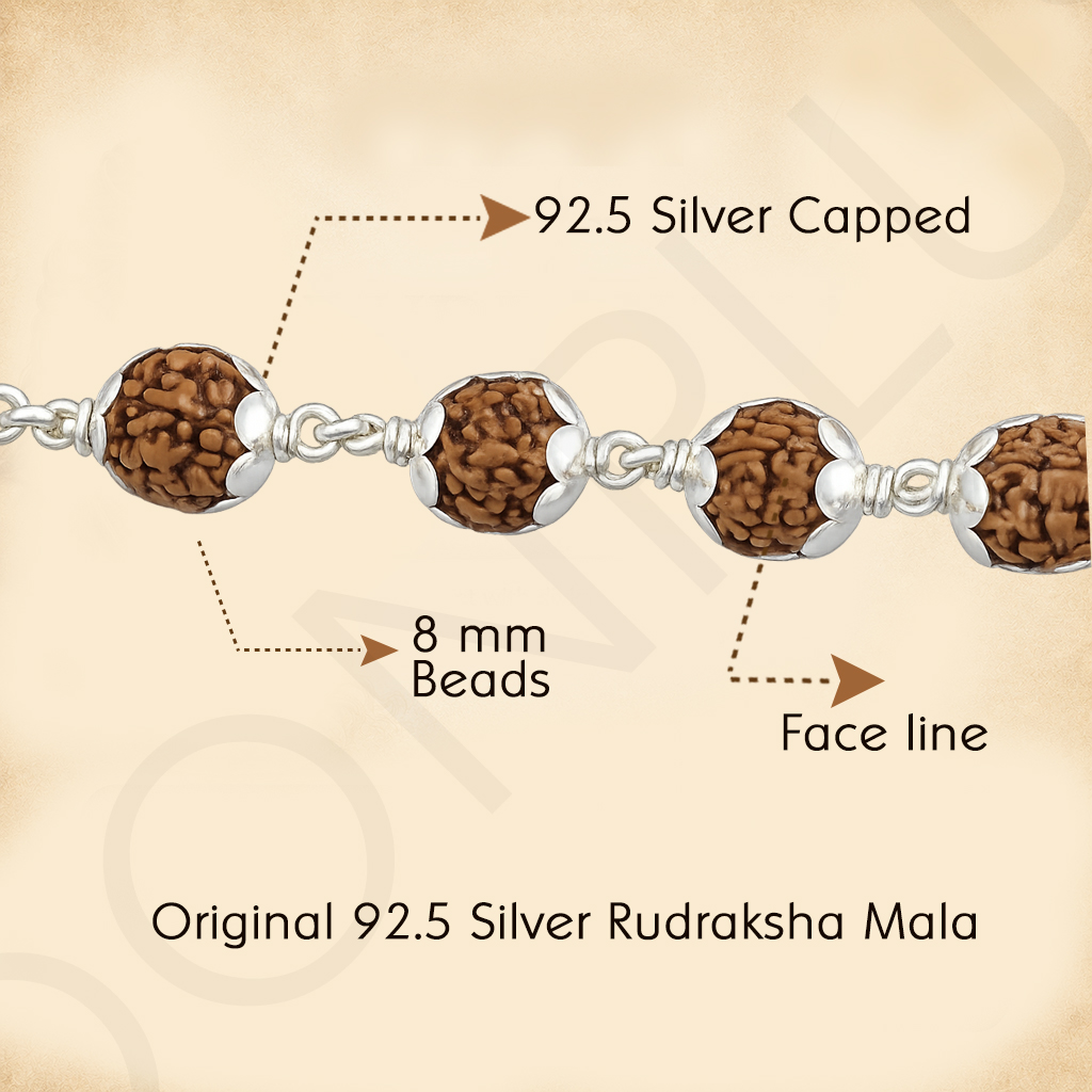 925 Sterling Silver tied Rudraksha Mala Panch Mukhi 5 Mukhi Five Face 54 Beads