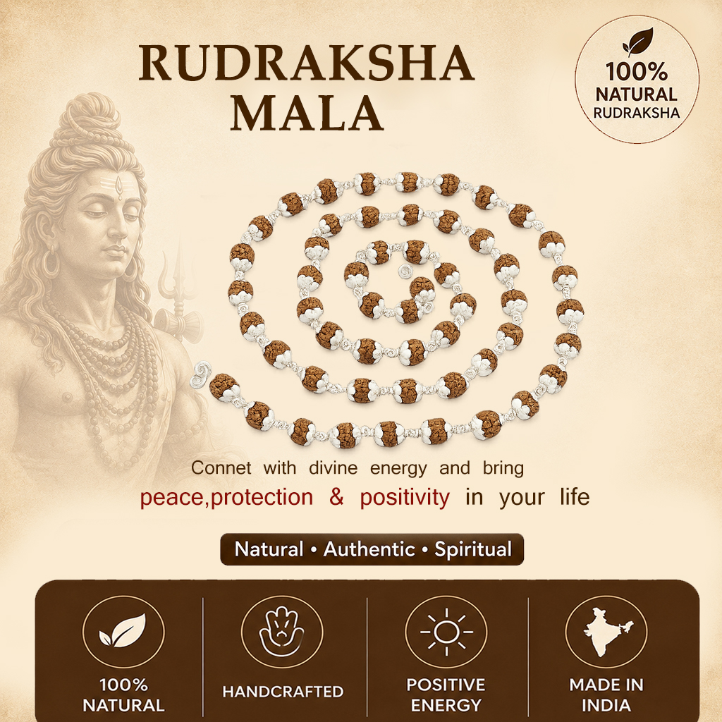 925 Sterling Silver tied Rudraksha Mala Panch Mukhi 5 Mukhi Five Face 54 Beads