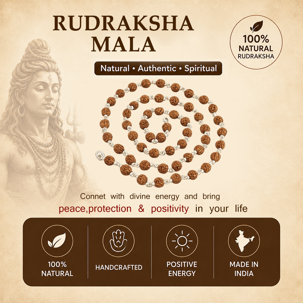 925 Sterling Silver tied Rudraksha Mala Panch Mukhi 5 Mukhi Five Face 54 Beads