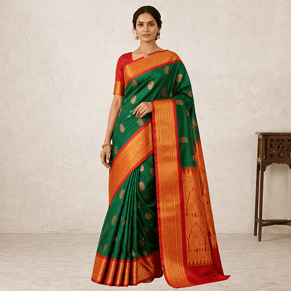 Green Red Temple Silk Saree
