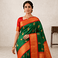 Green Red Temple Silk Saree