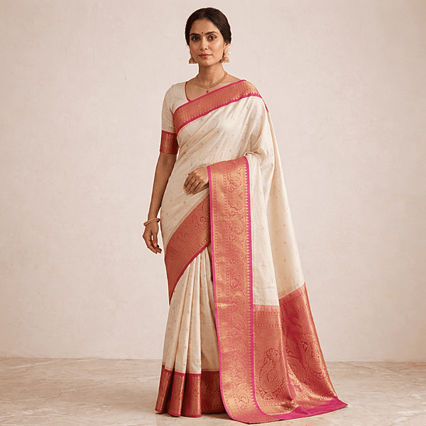 Cream Pink Elegant Silk Saree
