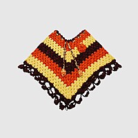 (3-4 Years) Handknitted Kids Poncho with Matching Cap, Striped Pattern in Brown, Red & Yellow