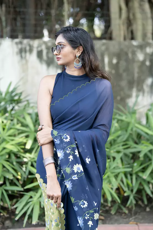 Women's Kalamkari Printed Saree - Navy Blue